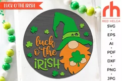 luck o the irish svg, gnome hanger svg, outdoor sign svg, welcome sign svg, st patrick's circle svg, gnome clover svg, seasonal door svg, round hanging sign svg, laser cut file, layered sign svg, porch sign svg, front sign svg, st patrick's shirt svg