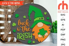 luck o the irish svg, gnome hanger svg, outdoor sign svg, welcome sign svg, st patrick's circle svg, gnome clover svg, seasonal door svg, round hanging sign svg, laser cut file, layered sign svg, porch sign svg, front sign svg, st patrick's shirt svg