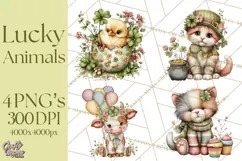 Lucky Animals Clipart PNG, Shamrock Pets Printable Product Image 1