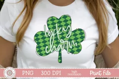 Hand drawn argyle clover with lucky charm text on a white shirt mockup