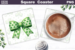 Green Bow Clover Square Coaster | St. Patrick's Day Sublimat Product Image 1