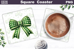 Green Bow Clover Square Coaster | St. Patrick's Day Sublimat Product Image 1