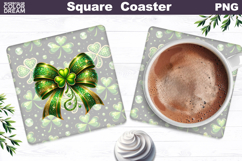 Green Bow Clover Square Coaster | St. Patrick's Day Sublimat Product Image 1