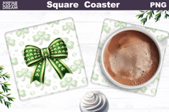 Green Bow Clover Square Coaster | St. Patrick's Day Sublimat Product Image 1