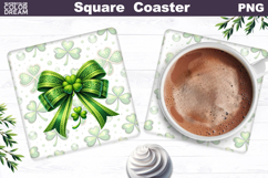 Green Bow Clover Square Coaster | St. Patrick's Day Sublimat Product Image 1