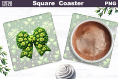 Green Bow Clover Square Coaster | St. Patrick's Day Sublimat Product Image 1