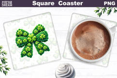 Green Bow Clover Square Coaster | St. Patrick's Day Sublimat Product Image 1