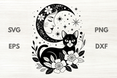 Black Cat with Moon Lady and Floral Bouquet SVG Product Image 1