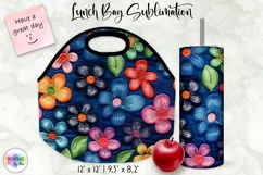 Embroidery Flowers Tote Lunch Bag Sublimation | Denim Fabric Product Image 1