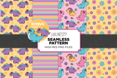Girl Dinosaur Seamless Pattern Bundle | Pastel Dino Digital Product Image 1
