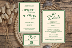 Classic green wedding invitation cards with formal typography, luxury wedding suite template editable in Canva, perfect for elegant weddings