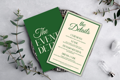 Classic green wedding invitation card with minimalist layout, elegant and timeless wedding invite Canva template