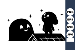 Cartoon character stands on rooftop with smiling ghost and s Product Image 1