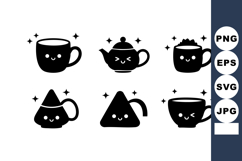 Cute kawaii tea cups and teapot vector icons with smiling fa Product Image 1