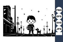 Urban street scene with child holding basketball and dog und Product Image 1