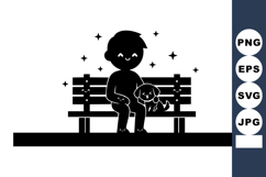 Boy sitting on park bench with puppy under stars vector scen Product Image 1