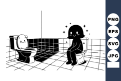 Cartoon character sitting on toilet in tiled bathroom with s Product Image 1