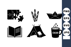Puzzle pieces crayons paper boat open book tent and cocoa cu Product Image 1