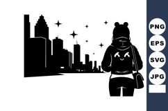 Girl with backpack standing in front of modern city skyline Product Image 1