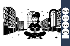Girl reading a book in a peaceful library with tall arched w Product Image 1
