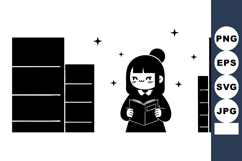 Smiling girl reading a book between tall bookshelves in a li Product Image 1