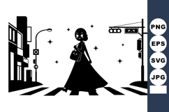 Woman crossing city street at night with handbag under traff Product Image 1