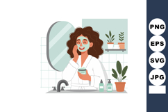 Woman applying face mask in bathroom mirror enjoying skincar Product Image 1