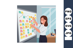 Woman organizing colorful sticky notes on board in modern of Product Image 1