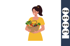 Woman holding basket full of fresh vegetables and fruits in Product Image 1