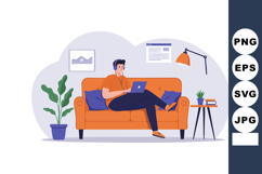 Man Relaxing on Orange Sofa Working with Laptop and Reading Product Image 1