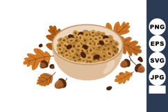 Bowl of oatmeal with raisins and autumn leaves surrounded by Product Image 1