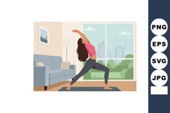 Woman practicing yoga indoors with city view in modern livin Product Image 1