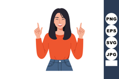 Woman with black hair smiling and pointing up in casual oran Product Image 1