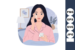 Woman applying moisturizer cream in cozy bedroom with soft l Product Image 1