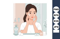 Woman applying skincare cream on face in bathroom mirror mor Product Image 1