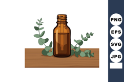 Brown glass bottle with eucalyptus leaves on wooden surface Product Image 1