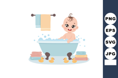 Baby taking bath in blue bathtub with rubber ducks and paste Product Image 1