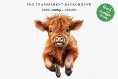 Magic Cute Baby Highland Cow in Dress Hat Watercolor Clipart PNG Transparent Print for invitation t-shirt designs sublimation kids printable digital watercolor baby cow in dress png, highland cow clipart, jumping cow in hat jpeg sublimation clip art