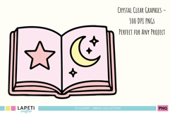 Open magic spell book with moon and star, pastel kawaii clipart.