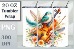 Download this enchanting 20 oz sublimation tumbler wrap featuring a magical bird, violin, and floral elements. Perfect for music lovers and fantasy-themed drinkware.