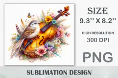 Download this enchanting 20 oz sublimation tumbler wrap featuring a magical bird, violin, and floral elements. Perfect for music lovers and fantasy-themed drinkware.