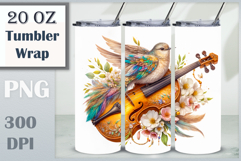 Download this enchanting 20 oz sublimation tumbler wrap featuring a magical bird, violin, and floral elements. Perfect for music lovers and fantasy-themed drinkware.