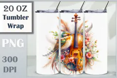 Download this enchanting 20 oz sublimation tumbler wrap featuring a magical bird, violin, and floral elements. Perfect for music lovers and fantasy-themed drinkware.