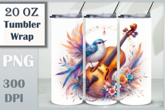 Download this enchanting 20 oz sublimation tumbler wrap featuring a magical bird, violin, and floral elements. Perfect for music lovers and fantasy-themed drinkware.