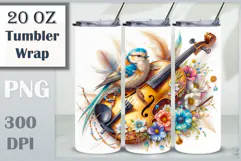 Download this enchanting 20 oz sublimation tumbler wrap featuring a magical bird, violin, and floral elements. Perfect for music lovers and fantasy-themed drinkware.