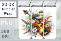 Download this enchanting 20 oz sublimation tumbler wrap featuring a magical bird, violin, and floral elements. Perfect for music lovers and fantasy-themed drinkware.