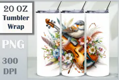 Download this enchanting 20 oz sublimation tumbler wrap featuring a magical bird, violin, and floral elements. Perfect for music lovers and fantasy-themed drinkware.