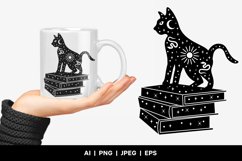 Mystical Cat Sitting on a Pile of Sparkling Books Design Product Image 1
