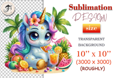 Magical summer unicorn clipart with wings, tropical accessories, and refreshing fruit mix, ideal for sublimation and kids’ crafts.