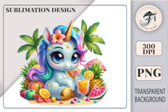 Magical summer unicorn clipart with wings, tropical accessories, and refreshing fruit mix, ideal for sublimation and kids’ crafts.